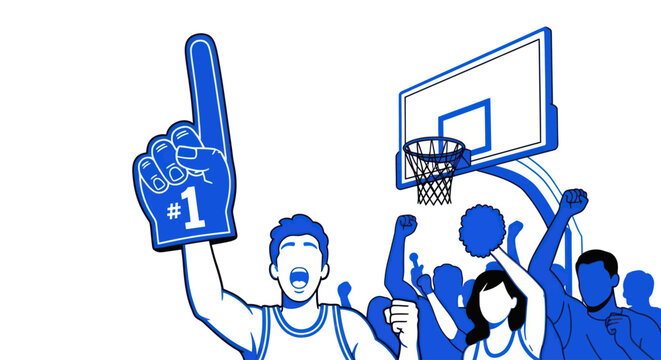 Basketball fans cheering at a game with a foam finger and pom-poms