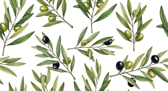 Fresh organic green and black olives on branch pattern displays healthy Mediterranean agriculture harvest ingredients for cooking oil production and nutritional food styling for culinary texture