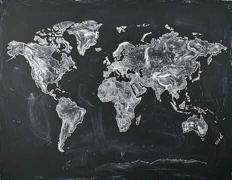 A grayscale world map on a dark background
