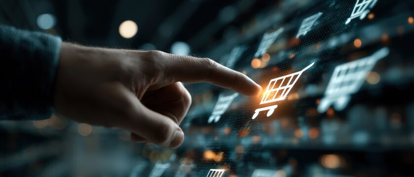 Hand pressing digital shopping cart icon on touchscreen interface in a modern retail environment with blurred background of shelves and lights