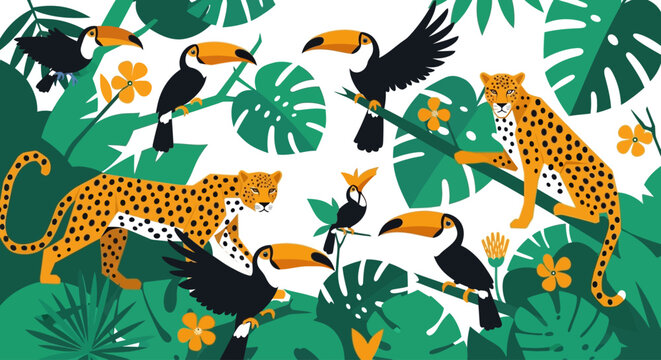 A colorful illustration of leopards and toucans in a lush jungle.