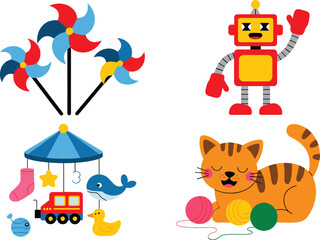 Fototapeta premium Colorful Toy Collection for Kids Featuring Pinwheels, Robot, Duck, Cat, and Toy Train for Fun Playtime and Learning