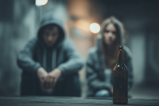 Young couple sitting in urban setting with a beer bottle in focus blurred background. Captures themes of contemplation and youth culture. Generative AI