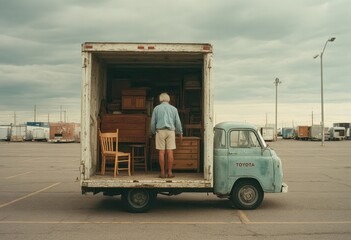 Naklejka premium Elderly man unloading wooden furniture from a vintage truck in an empty parking lot, with cloudy skies and storage trailers in the background