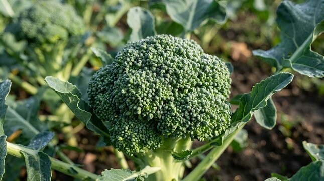 Fresh green broccoli head growing in a garden bed with soft natural light.