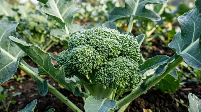 Fresh green broccoli head growing in a sunny garden bed