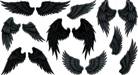 Naklejka premium Gothic black wings vector set, dark feathered angel and demon wing collection, hand drawn raven and crow wings for tattoo design and fantasy art