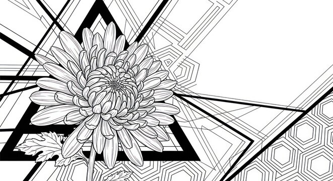 Black and white floral drawing with geometric shapes and a detailed chrysanthemum