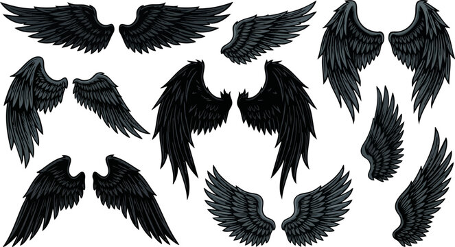 Gothic black wings vector set, dark feathered angel and demon wing collection, hand drawn raven and crow wings for tattoo design and fantasy art