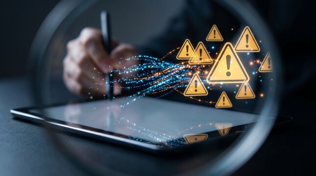 Digital security alert with warning icons and professional using tablet for system error risk management