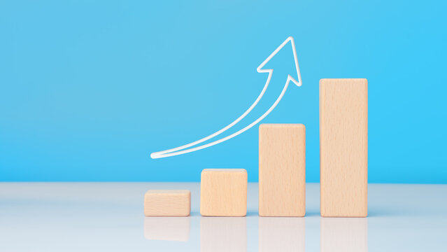 Curved upward trend arrow above wooden bar chart, business growth concept.