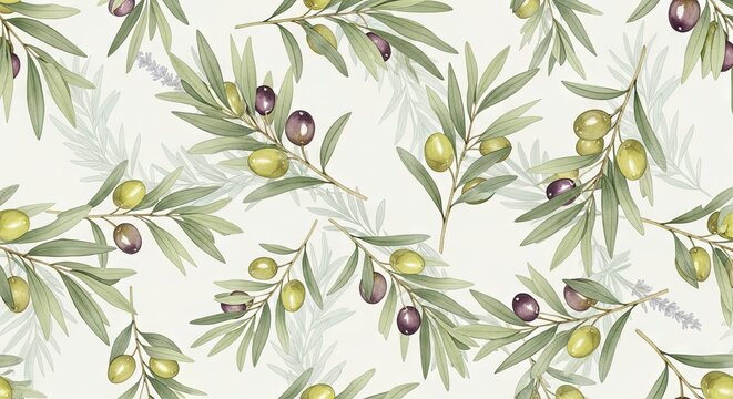 Mediterranean olive tree branches showing natural green and dark purple fruit harvest display for rustic farmhouse decor and organic food culinary themes used in kitchen textile print patterns