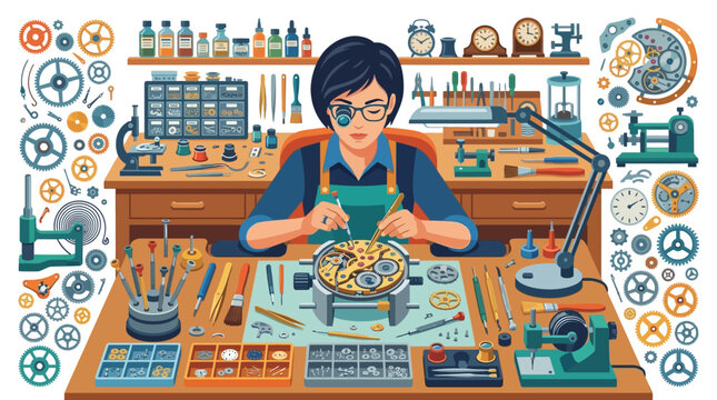 Watchmaker meticulously assembling intricate timepiece mechanism with precision tools.