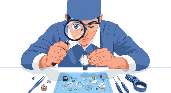 Watchmaker meticulously repairing a timepiece with a magnifying glass.