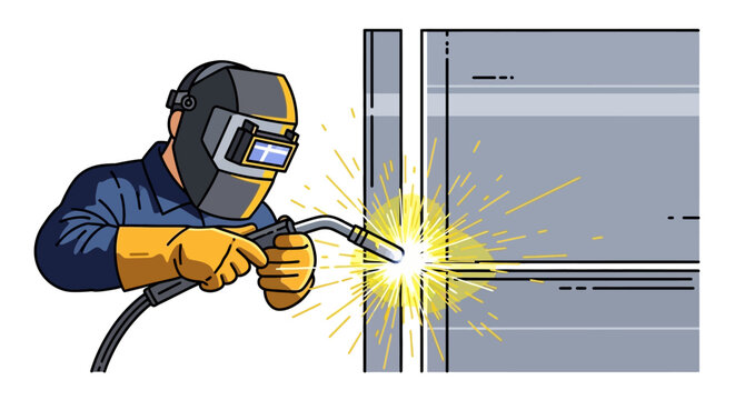 Welder working with sparks and protective gear.