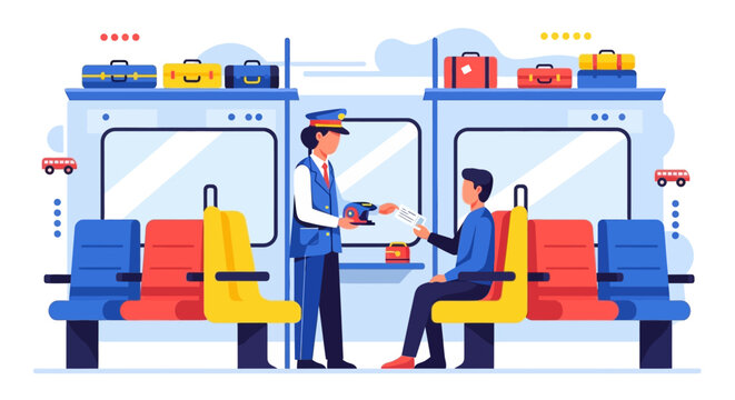 Train conductor checking ticket of passenger inside train.