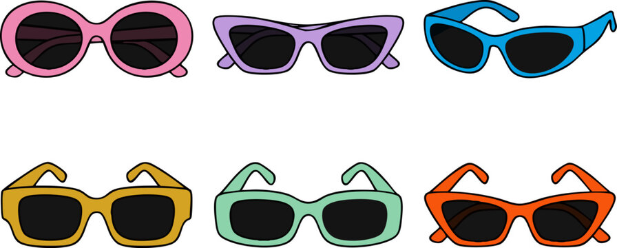 Retro sunglasses collection with 6 colorful vector icons, vintage fashion eyewear set in cat eye and oval styles, summer beach accessories