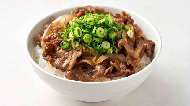 gyu don with thinly sliced beef and onions over rice