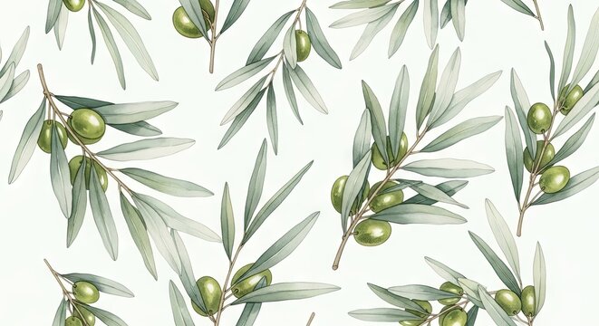 Natural organic olives hanging on Mediterranean branches with green leaves arranged in a repeating pattern for culinary projects or food branding designs reflecting healthy harvest and cooking