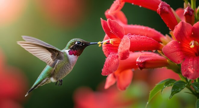 A vibrant male ruby throated hummingbird hovering near a trumpet vine flower to gather nectar during a sunny summer day in the garden while wings are blurred by fast motion in natural daylight
