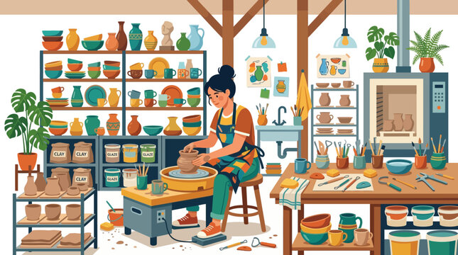 Woman artist focused on pottery wheel creation.