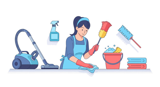 Woman cleaning with duster and cloth.
