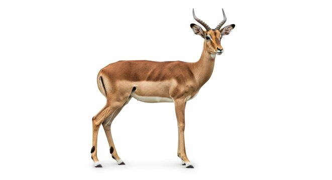 Full length side view of a male impala standing tall in the grassy plains representing African wildlife species and nature documentary subjects within the vast savanna habitat of the wild
