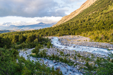 Naklejka premium Impressive morning light on a hike up to Mirador Frances and Brittanico in Torres Del Paine national park, Patagonia, Chile.