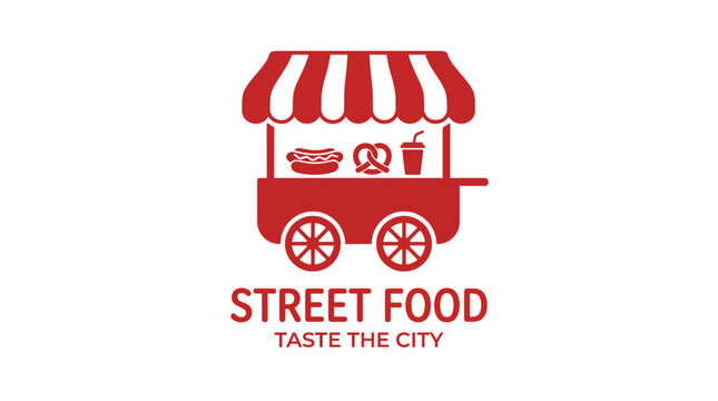 A vibrant logo depicting a street food cart with classic snacks like hot dogs and pretzels, inviting food lovers to taste the local culinary delights of the city.