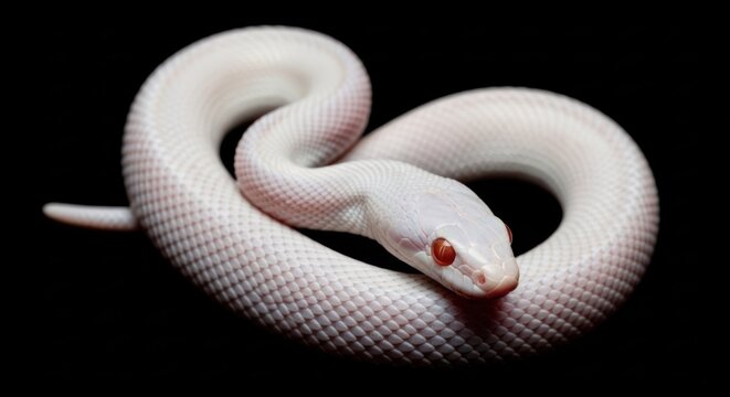 A rare albino snake coils its lithe body showing textured scales and piercing red eyes while resting in darkness representing wild reptilian beauty found within the mysterious depths of nature