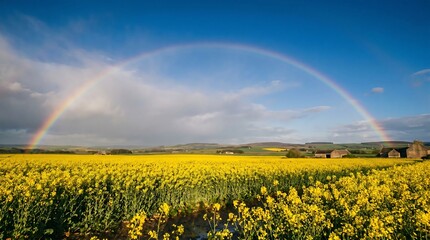 Naklejka premium Vibrant rainbow stretching across a serene rapeseed field landscape under blue sky