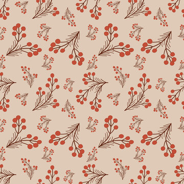 Seamless Red Berry Branch Pattern on Beige Background, Minimal Botanical Repeat Design
