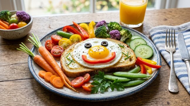 Joyful smiley face breakfast platter with fresh vegetables and egg
