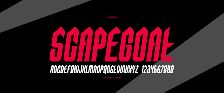 Sharp and bold vector display italic font for logo, gothic or heavy metal style modern typeface, edgy hard rock letters and numbers alphabet for titles or slogans, heavy typography.