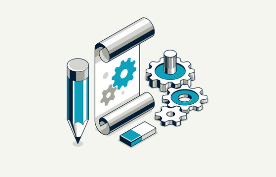 Mechanical engineering project concept, engine draft plan drawing, technical scheme blueprint, paper sheet with gears and pencil 3D isometric vector illustration, repair tutorial.