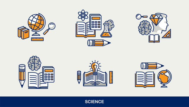 Science vector icons set, physics and chemistry, mathematics and geography, research and experiments.
