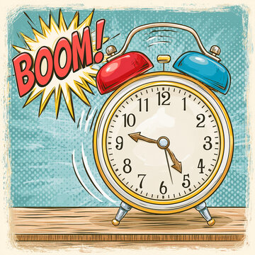 Explosive Wake Up Call: Retro comic style illustration of a loud, ringing twin-bell alarm clock with a "BOOM!" sound effect. Symbolizes urgency, deadlines, and nostalgia.