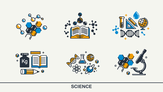 Science vector detailed icons set, physics and chemistry bundle, mathematics and geography study education.