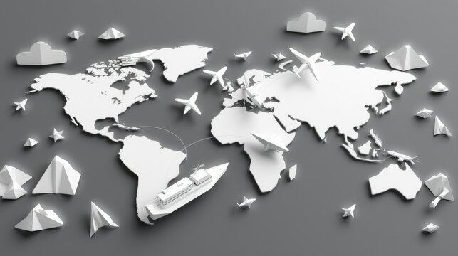 World map illustration. Paper planes, boats, jets symbolize global travel, connections. Minimalist grayscale design.