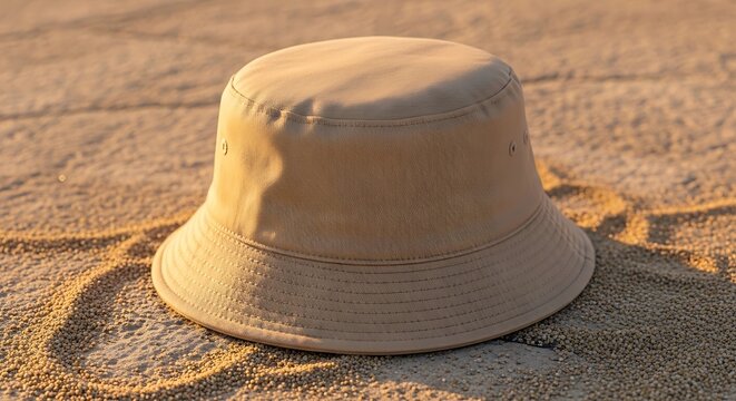 Tan bucket hat on sandy beach.