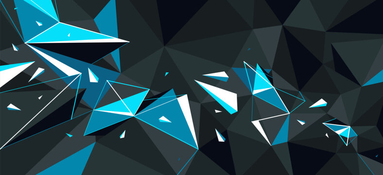 Black and blue polygonal vector abstract background, 3D low poly surface with dynamic particles in motion, order and chaos creative concept, broken elements.