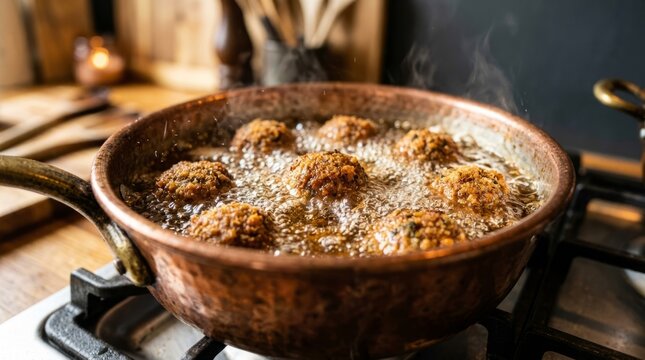 Delicious falafel balls are frying to golden perfection in a rustic copper pan on a stovetop.