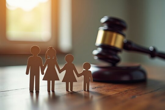 Photo Concept: Family silhouette against judge's gavel, illustrating the intricate legal and emotional challenges of separation and disputes in family law.