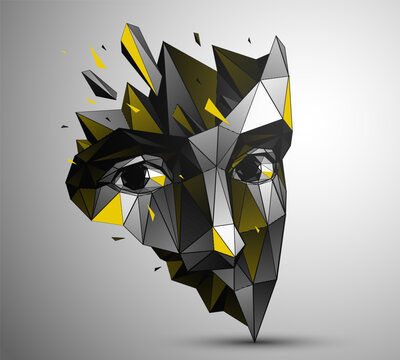 Low poly portrait exploring fear, vulnerability and loss of identity, a human emotional state dissolving inside a digital, fragmented reality of modern world with developing AI technologies.