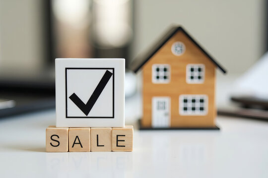 Macro shot of a checkmark by a tiny house model on a desk, representing a successful real estate transaction.