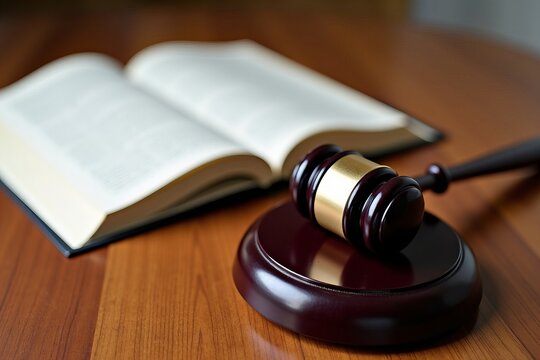 Symbolizing Justice: Close-Up of Law Book and Gavel on Wooden Table