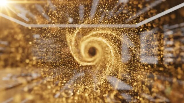 Golden swirling particle vortex with futuristic data background