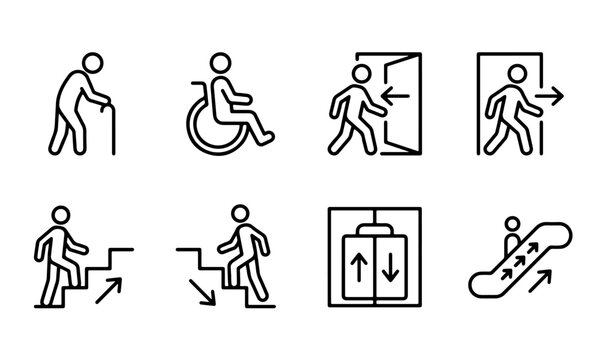 Minimalist black outline vector icon set for public building accessibility featuring disabled, elderly, elevator, stairs, and emergency exit navigation symbols.