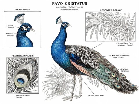 1981 Tropical Avian Atlas Illustration of Pavo Cristatus Male Peacock Showing Neck Plumage Body Feathers and Palm Frond Habitat