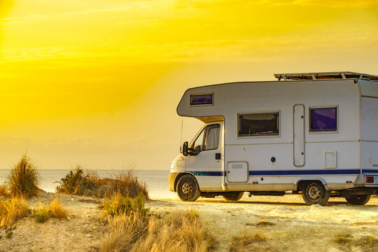 Caravan camping on sea coast in Spain